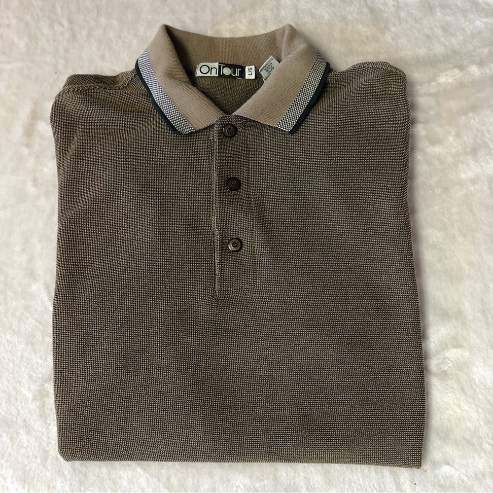 On Tour Textured Brown Short Sleeve Polo Shirt Size Large